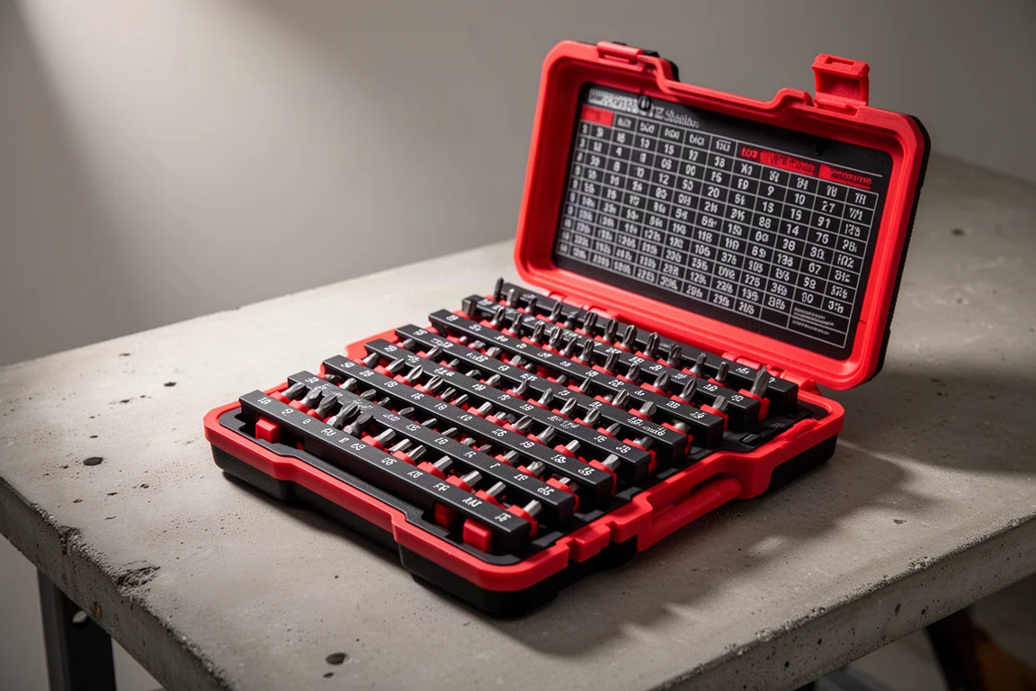 Open red and black bit kit case with rows of driver bits in removable rails