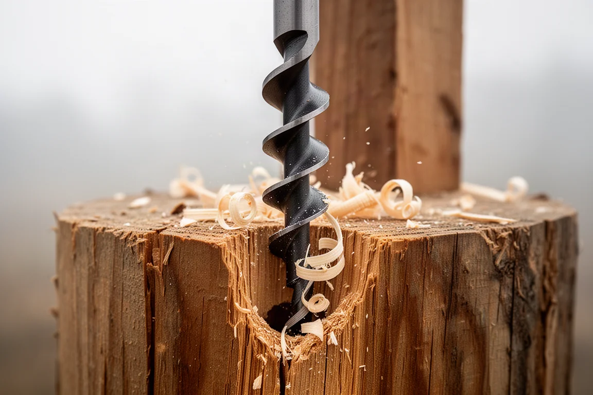 Primo piano di una punta a elica spirale che fora un spesso palo di legno all'aperto