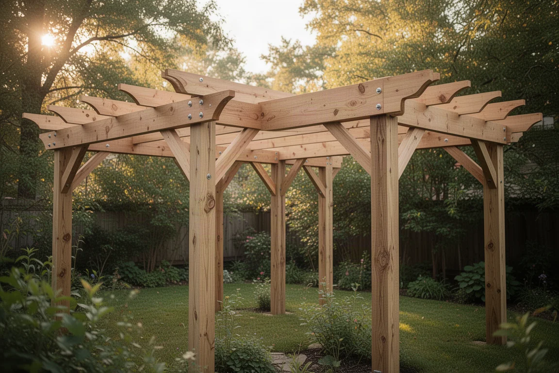 Struttura in legno all'aperto in costruzione in un ambiente da giardino