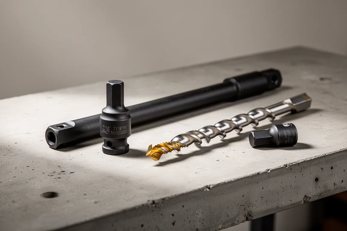 Impact adapter, extension bar, and auger bit arranged on a concrete workbench