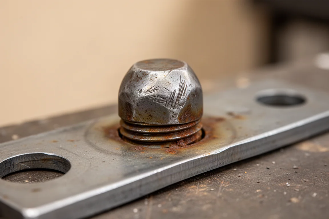 Corroded bolt head clamped in a steel workpiece on a workshop bench
