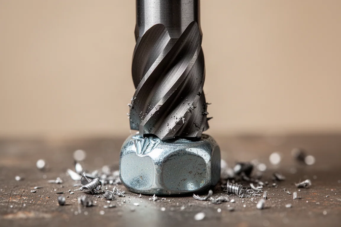 Extractor bit seated over a damaged bolt head, flutes biting into the metal