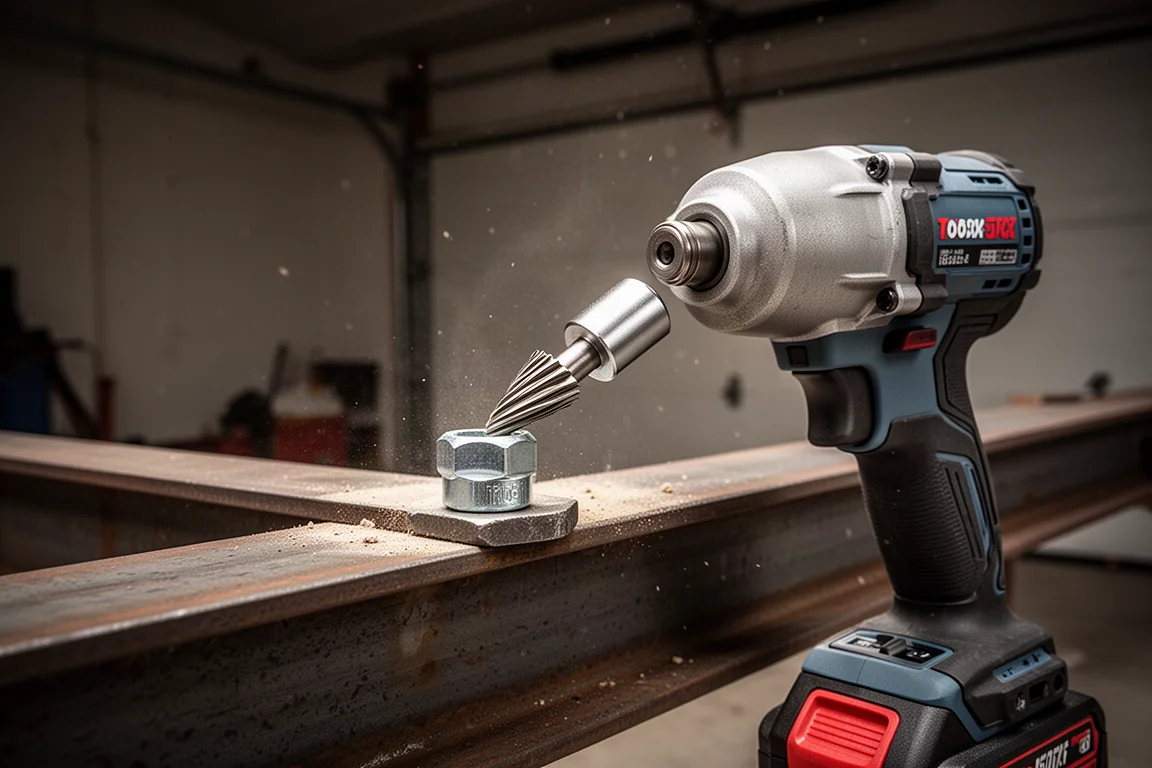 Impact wrench fitted with an extractor bit on a stubborn bolt