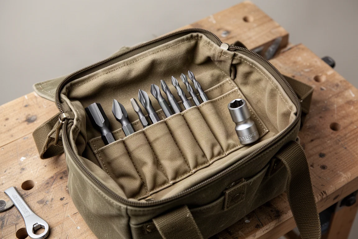 Organized storage sleeve holding extractor bits inside a tool bag