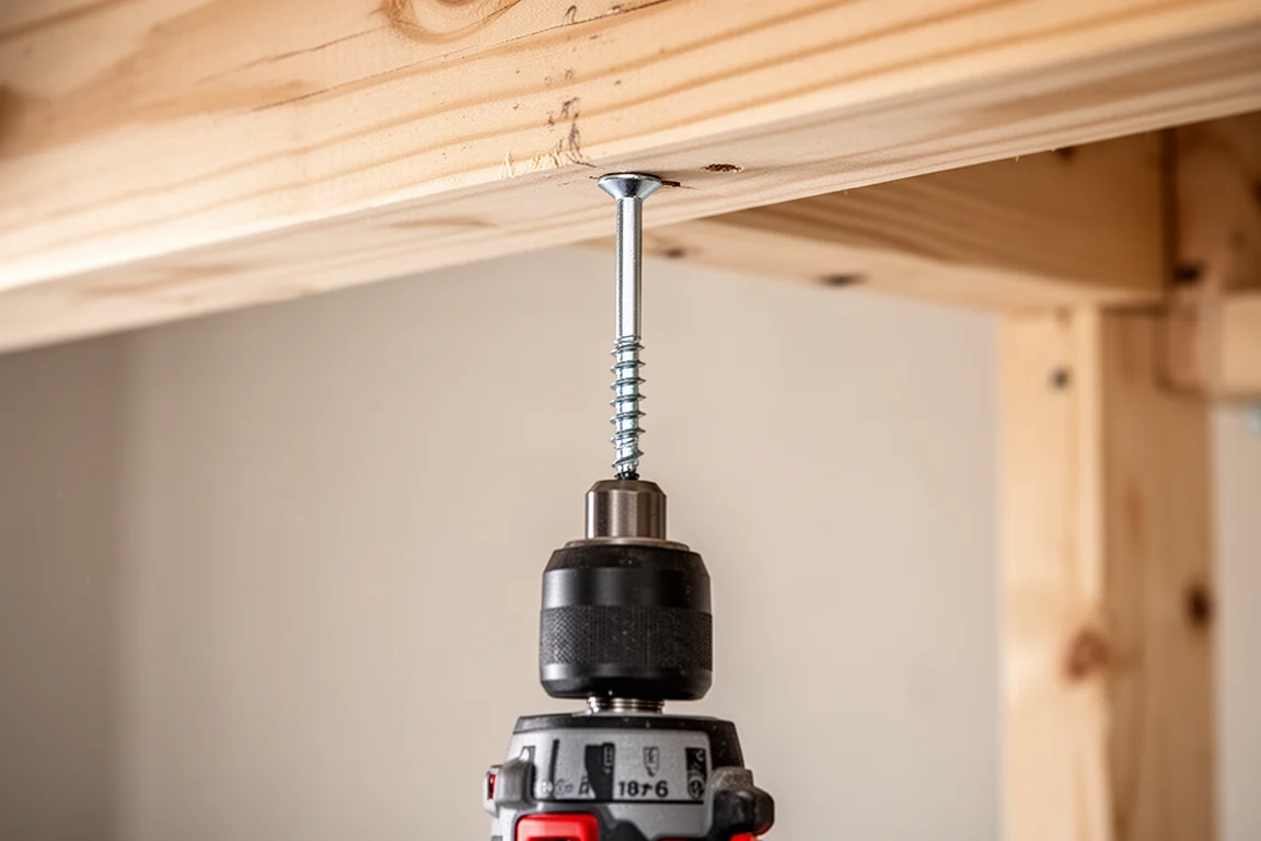 Impact driver driving a screw in an overhead framing application
