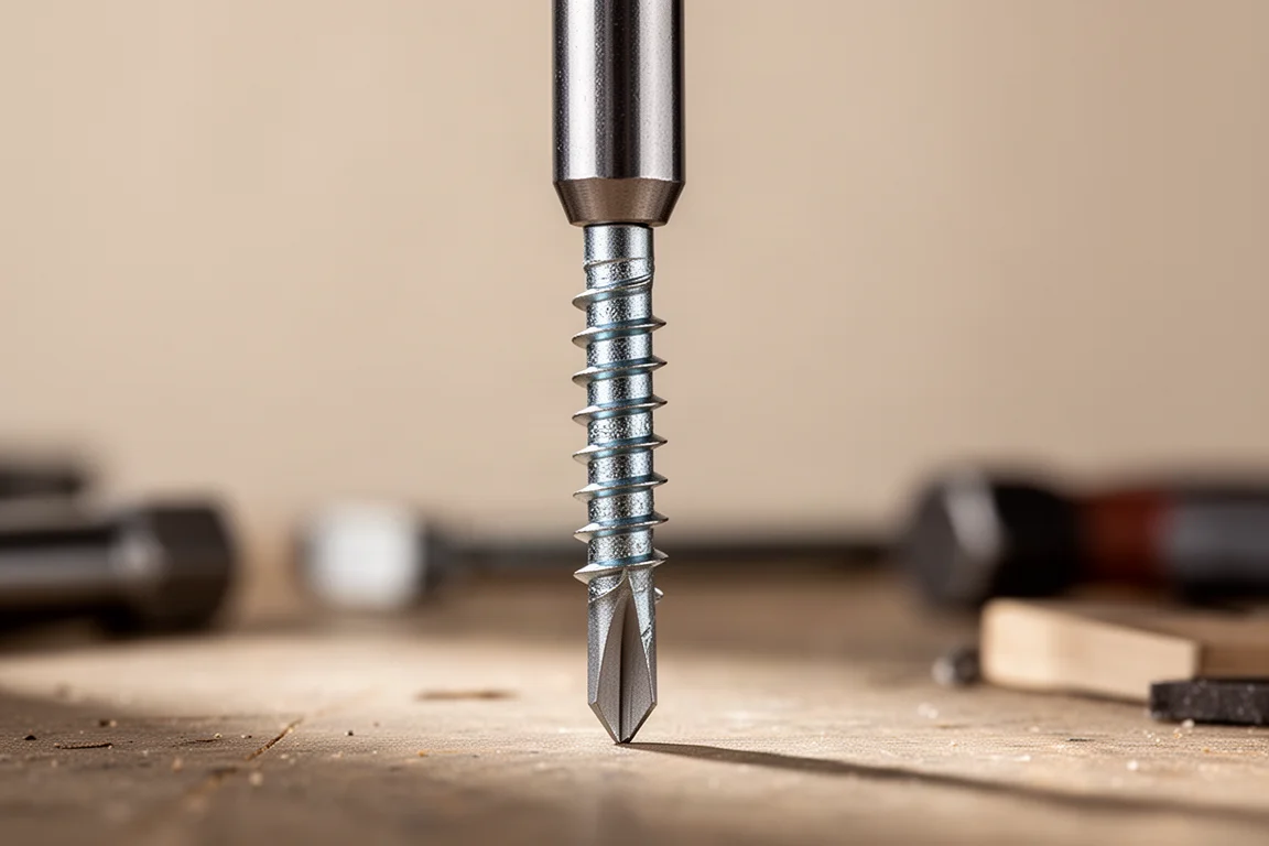 Close-up of a magnetized driver bit holding a screw against gravity
