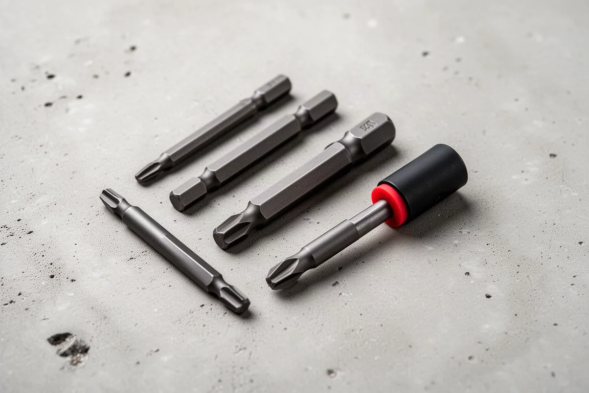 Silicone ring attachment fitted over several different driver bits of varying lengths
