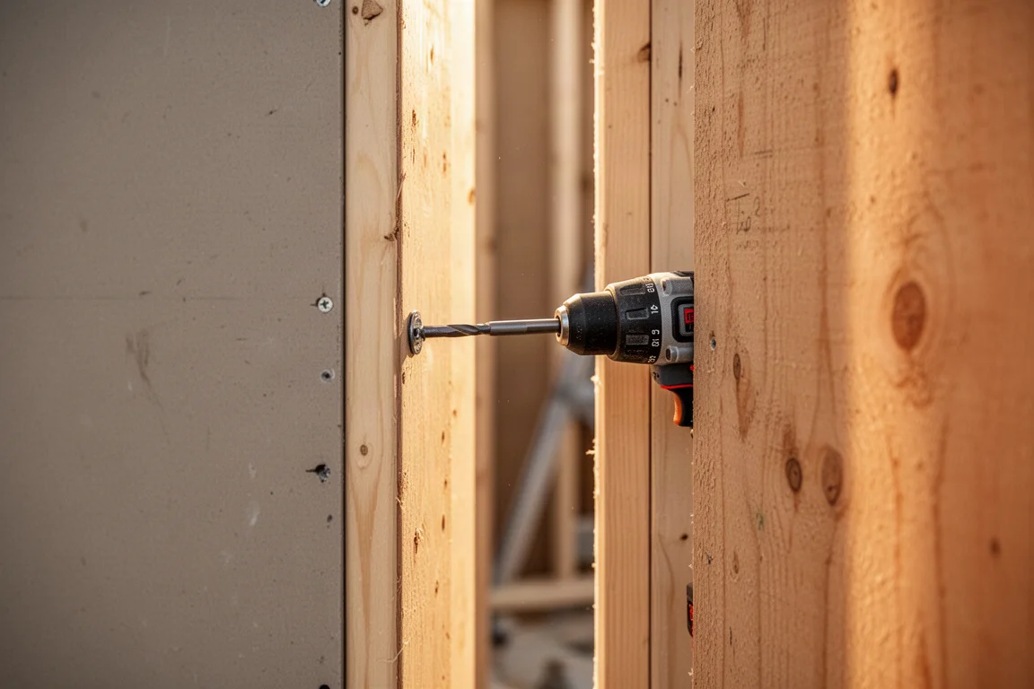 Impact driver being used to set fasteners in a tight vertical work surface