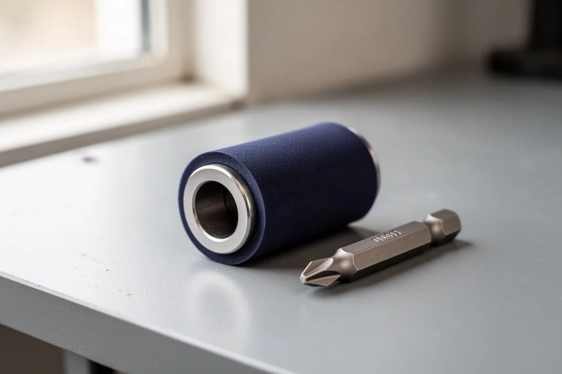 Compact cylindrical magnetizer sleeve held next to a driver bit on a workbench