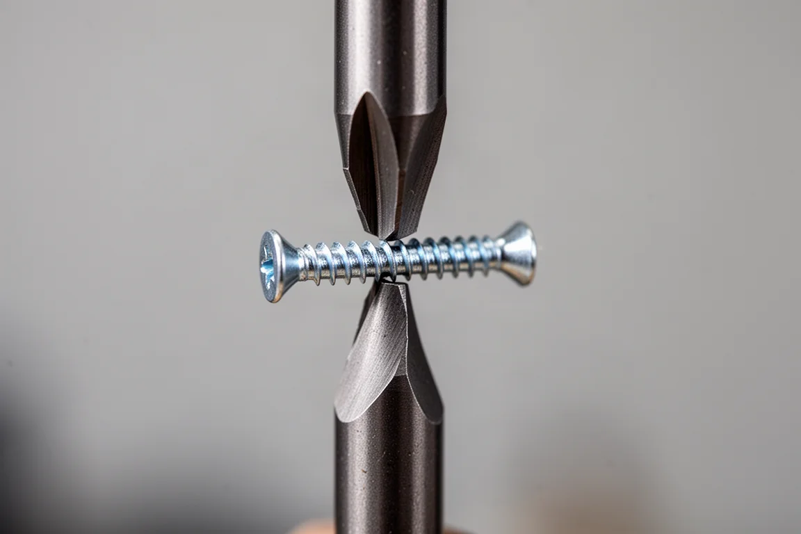 Magnetized screwdriver bit holding a small metal screw in mid-air