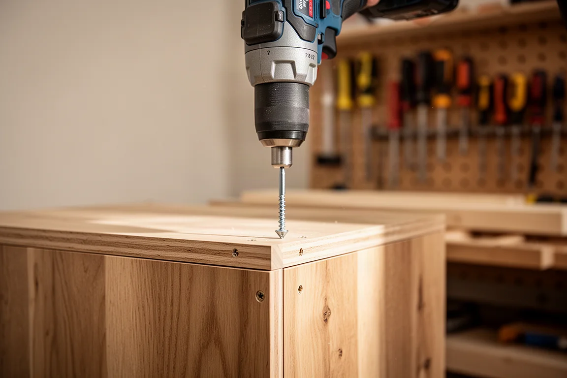 Impact driver driving a screw into a cabinet panel in a workshop scene