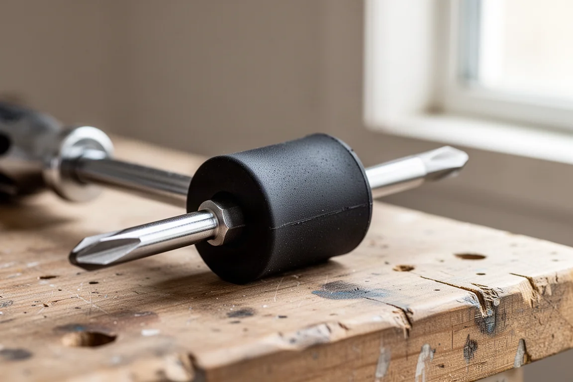 Screwdriver bit fitted with a soft black rubberized magnetizer collar on a wooden workbench