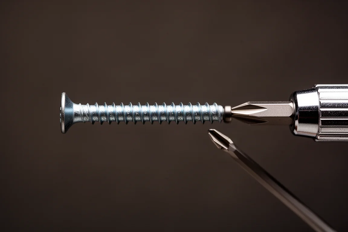 Long screw hanging from a screwdriver bit purely by magnetic force