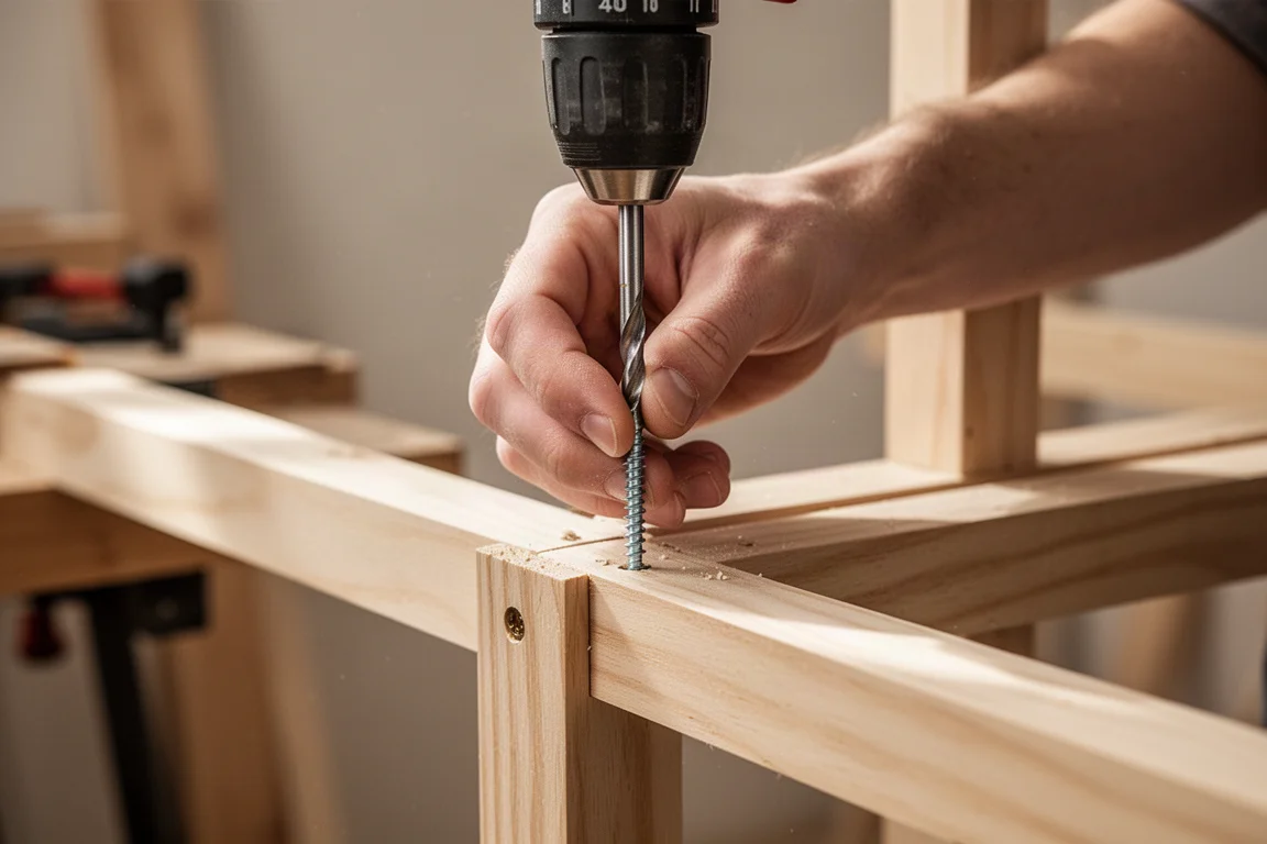 Hand driving a screw one-handed with a magnetized bit into a wooden frame