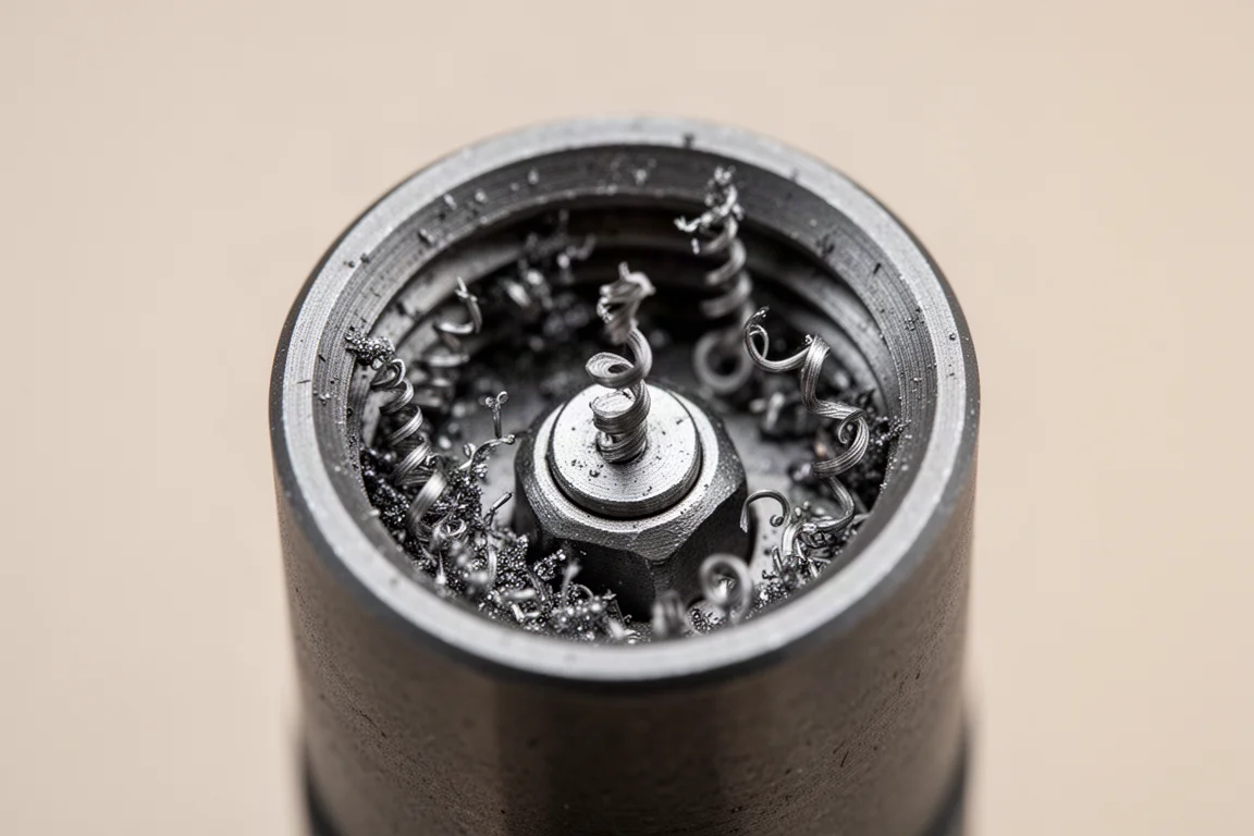 Metallspäne sichtbar in der Öffnung eines gebrauchten magnetischen Nut Setters