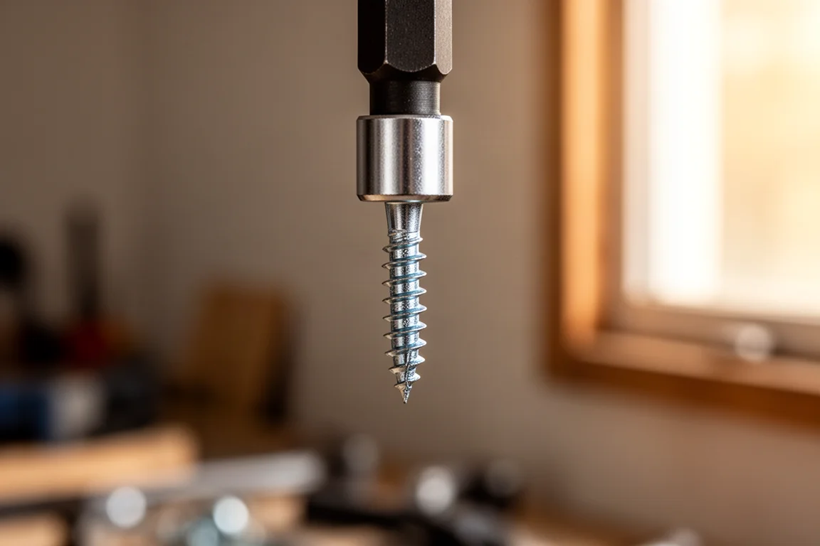 Nut Driver hält eine selbstschneidende Schraube fest an seiner magnetisierten Spitze