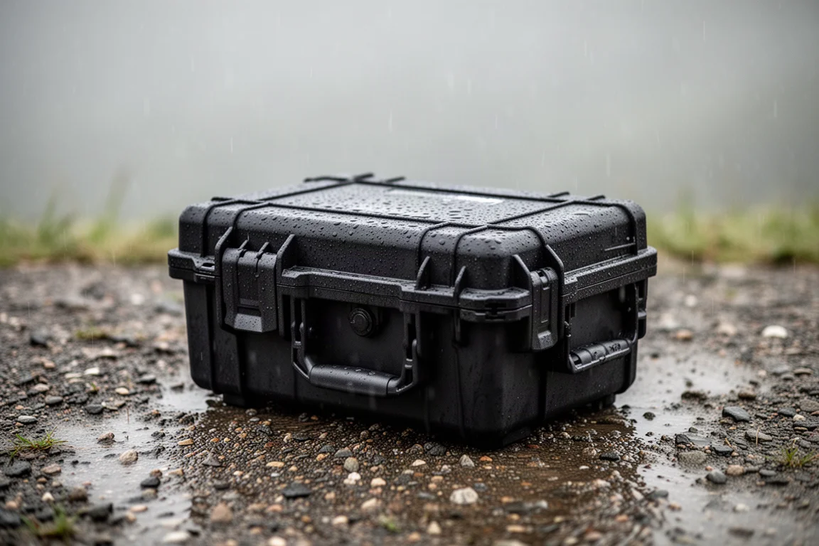 IP65-rated tool case splashed with water on a rainy outdoor worksite