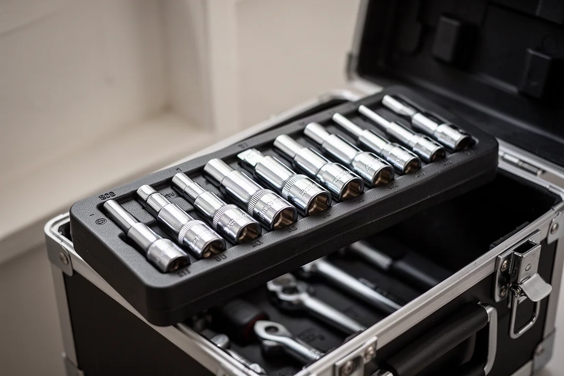 Socket tray with chrome sockets snapped into place being lifted out of the case
