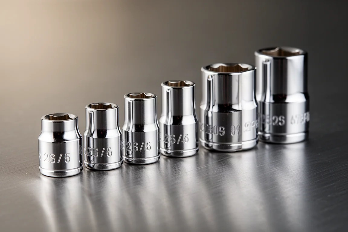 Chrome sockets lined up in size order with visible ink-filled size markings