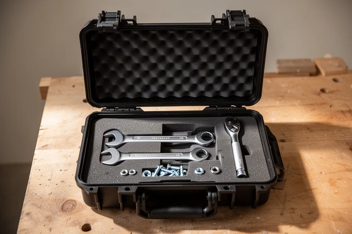 Tools and small parts stored in the foam-lined bottom compartment of an open tool case