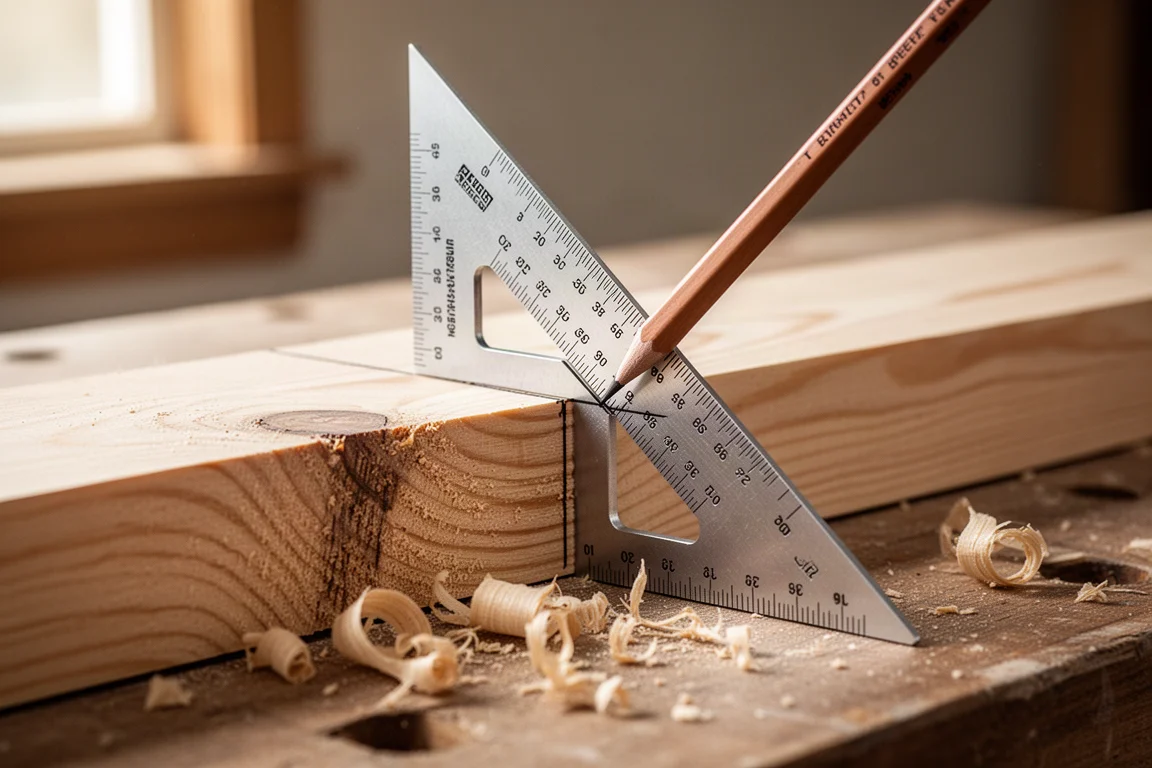 Speed square marking a 45-degree line on a piece of wood