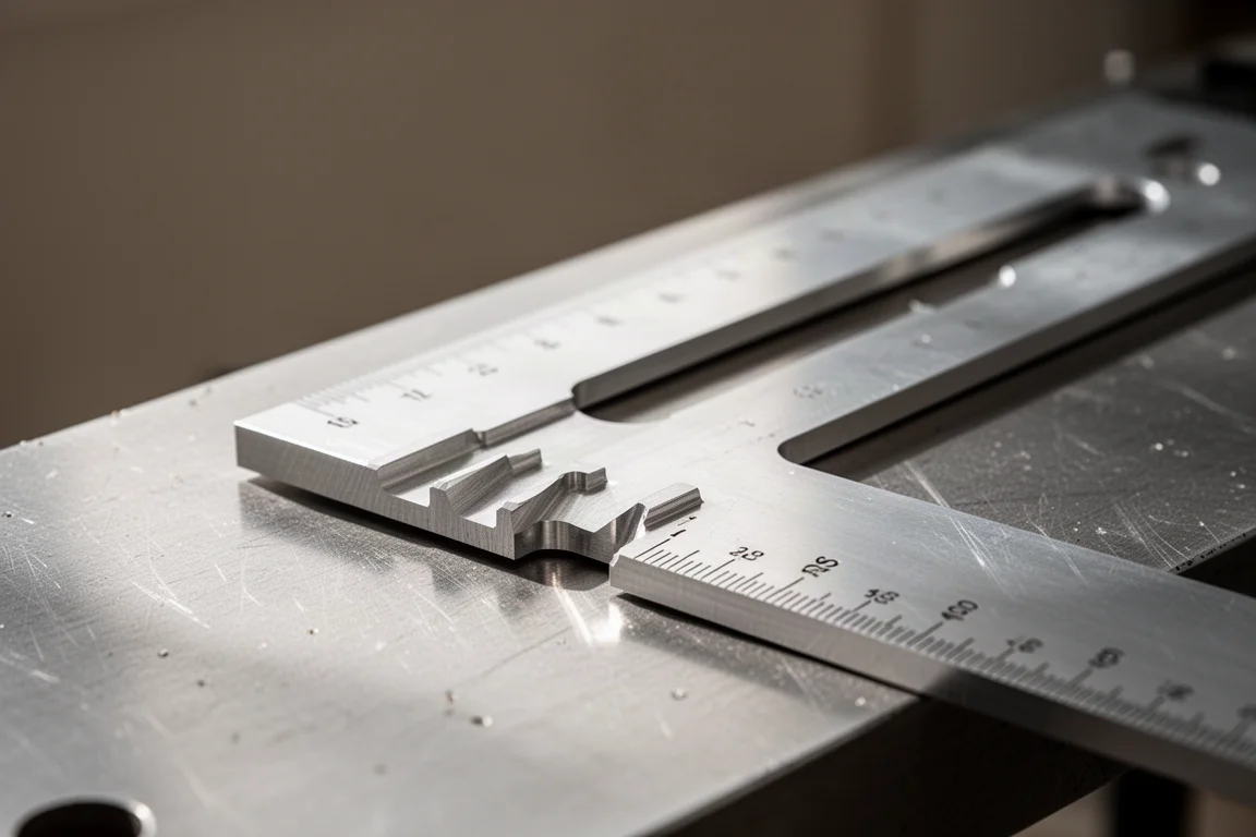 Aluminum speed square detail showing machined edges and markings