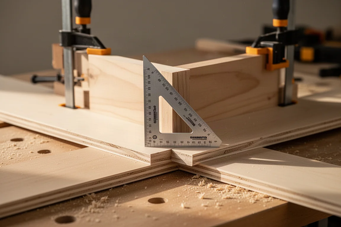 Speed square used to check a 90-degree corner joint on assembled boards