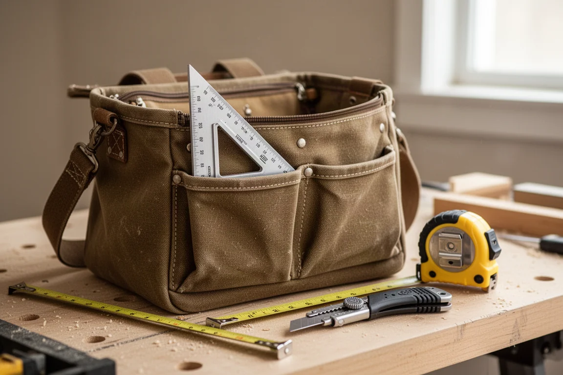 Speed squares tucked into a tool bag pocket beside a tape measure