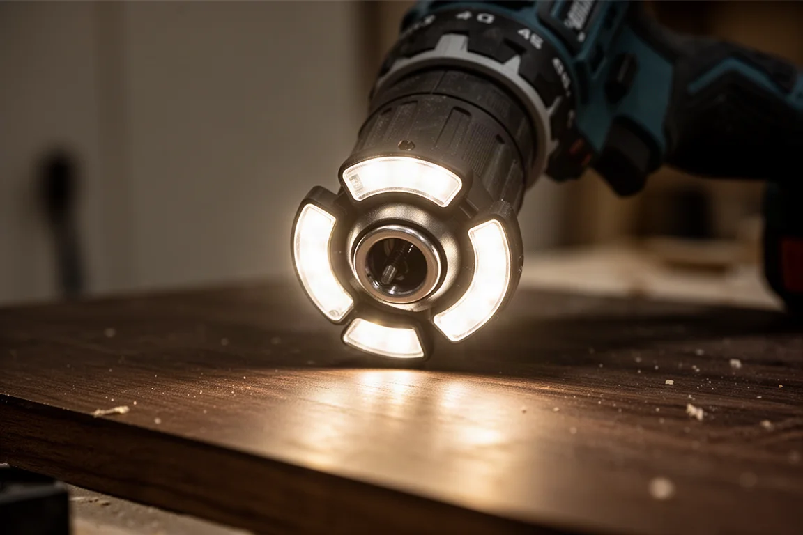 Primeiro plano do anel de luz LED tri-beam iluminando uma superfície de trabalho escura