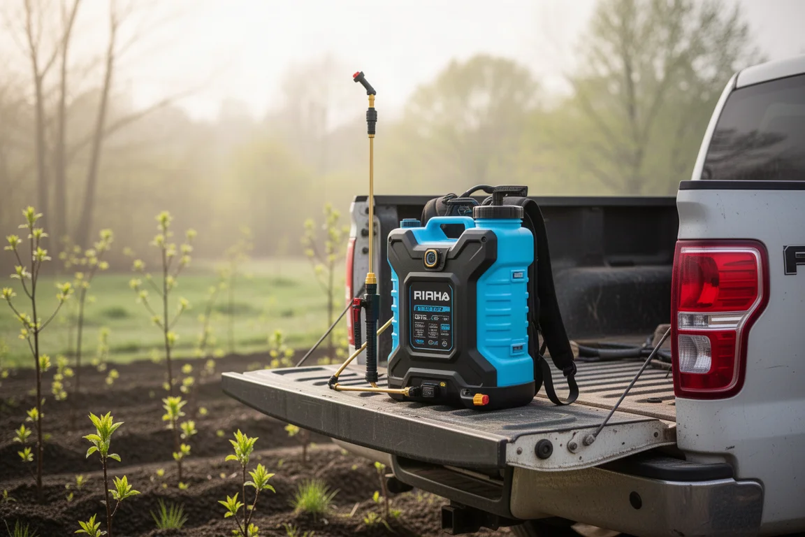 Tuinwerkscène met een rugspuit op de klep van een vrachtwagen in het vroege voorjaar