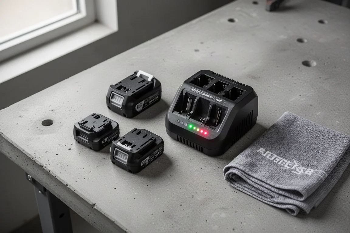 Cordless power tool batteries and compact tools laid out on a workshop bench