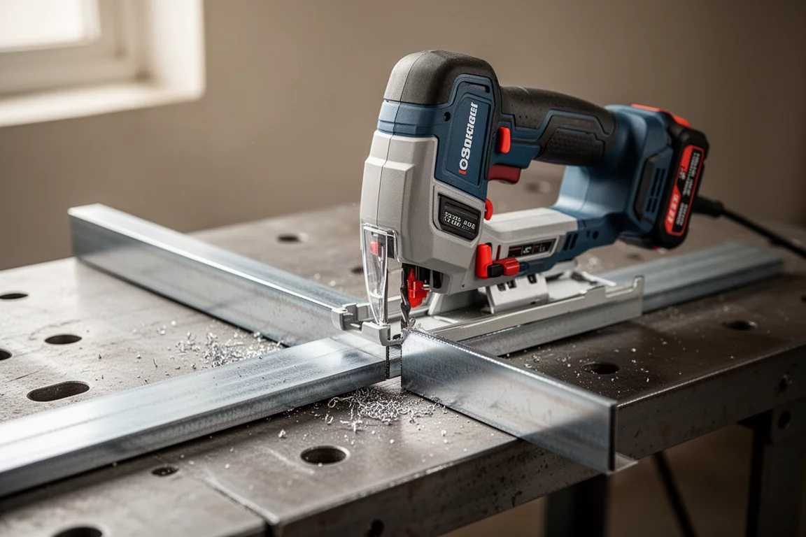 Compact cordless bandsaw cutting through metal stock on a workbench