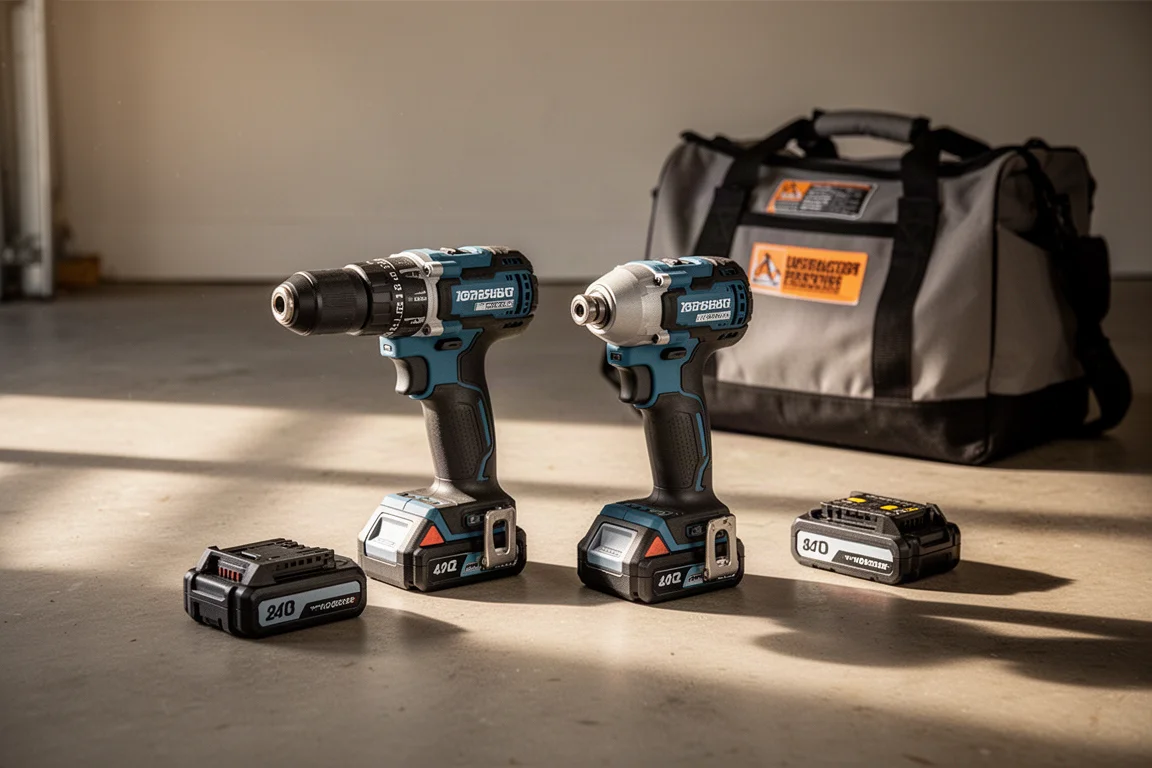 New hammer drill and impact driver combo kit laid out with batteries on a garage floor