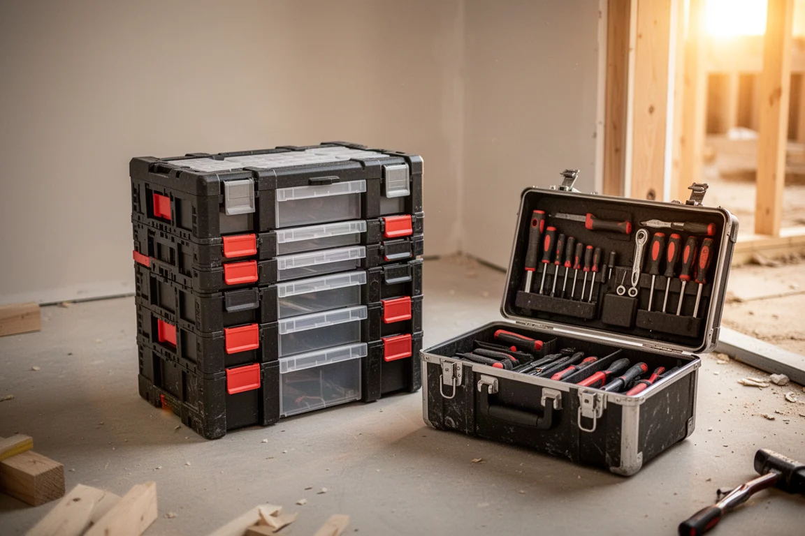 Contractor loading tools into a modular storage box on a job site