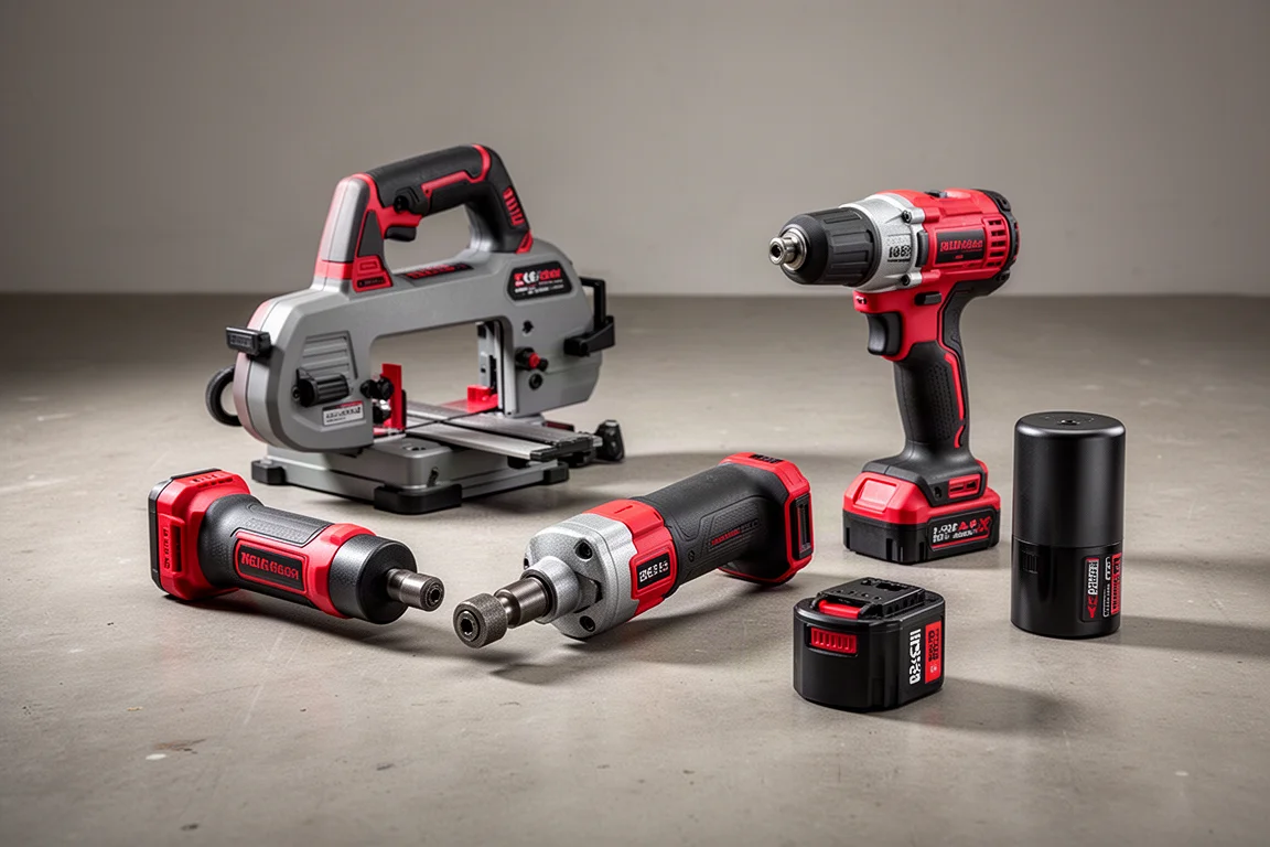 Cordless power tools and batteries arranged on a concrete workshop floor