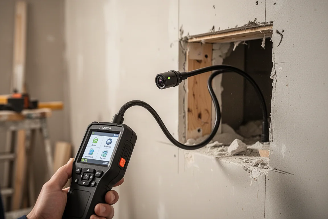 Inspektionskamera mit flexiblem Kabel, mit der in eine Wandhöhle hineingeblickt wird