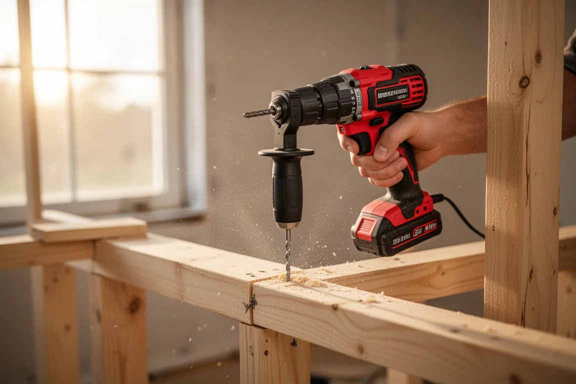 Arbeiter beim Zusammenbau von Fachwerk auf der Baustelle mit einem kompakten Bohrhammer