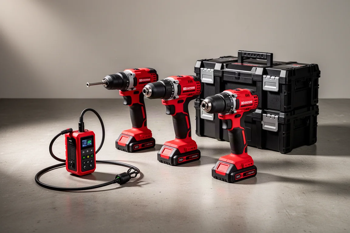 Collection of red and black Milwaukee cordless tools and storage boxes on concrete