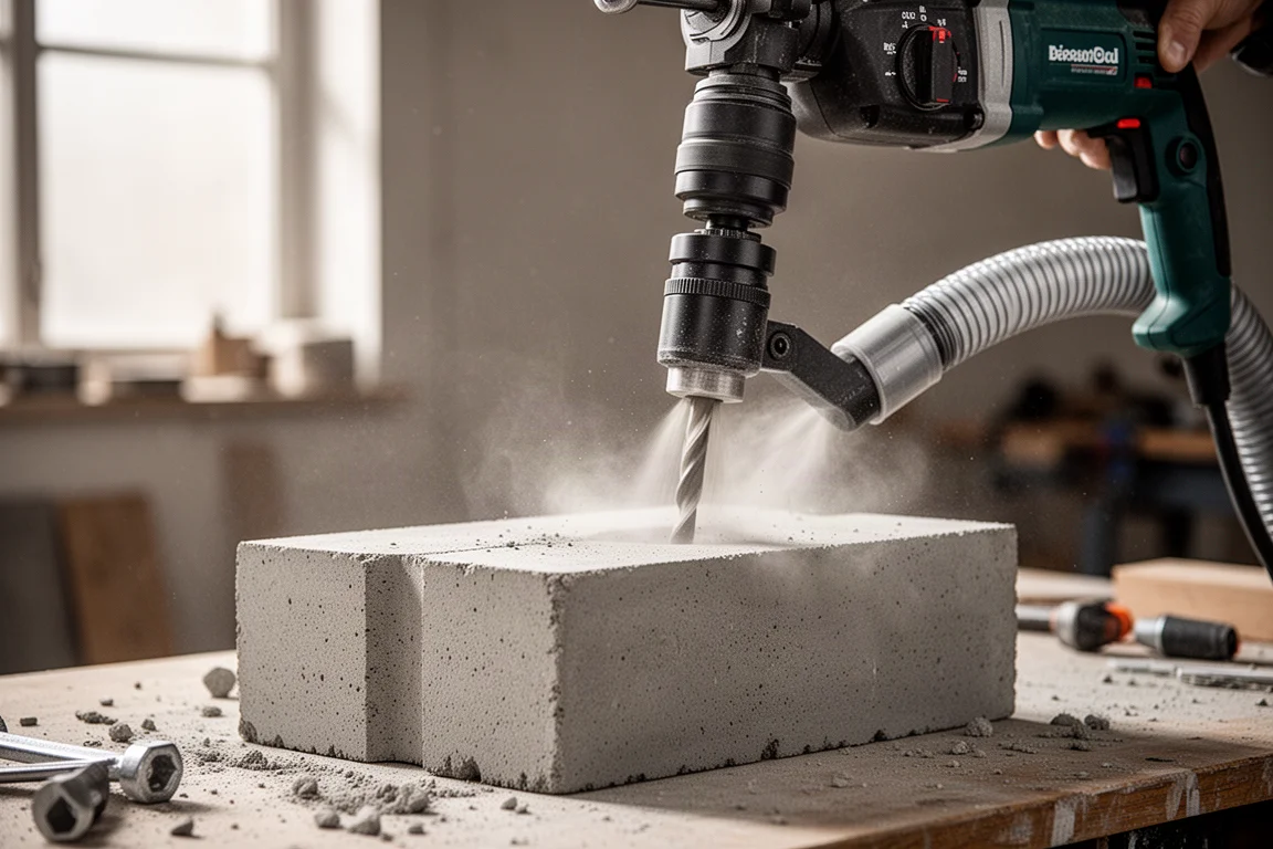 Rotatiehamer boort in beton met aangekoppelde stofafzuiger