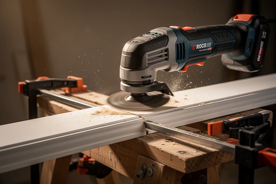 Multitool zaagt plakmateriaal op een werkbank