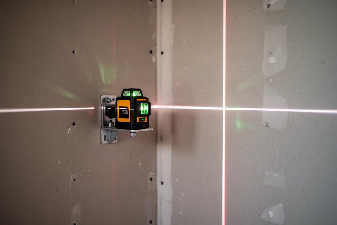 Nível laser de três planos projetando linhas verdes no canto de um ambiente