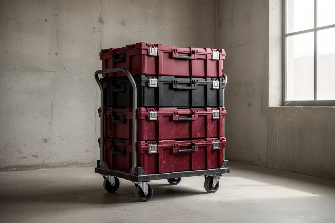 Cajas de almacenamiento modular apiladas cargadas en un carrito de obra