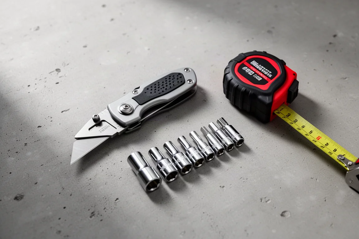 Cuchillo utilitario plegable compacto y juego de dados dispuestos sobre un banco de taller