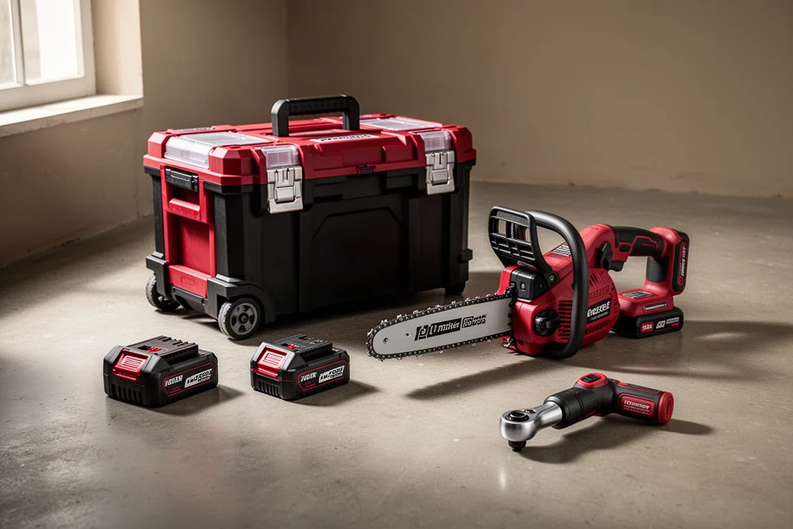 Assorted cordless power tools and modular storage on a concrete workshop floor