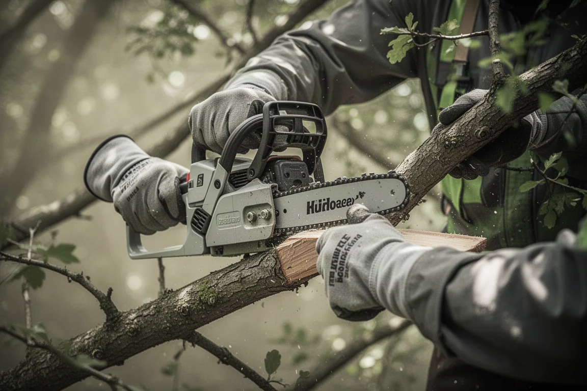 Arbeiter schneidet einen Ast über Kopf mit einer Top-Handle-Kettensäge im Baumbereich