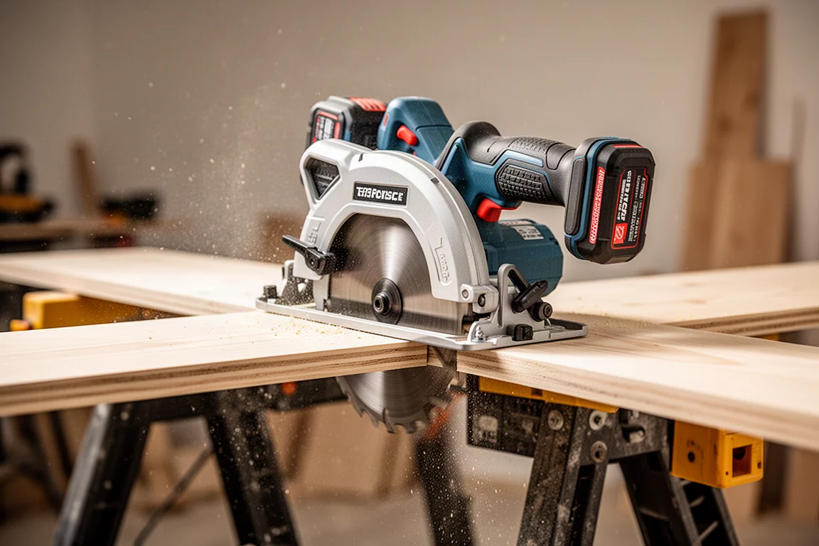 Handkreissäge schneidet Plattenholz auf einer Baustellen-Sägebock bei warmem Tageslicht