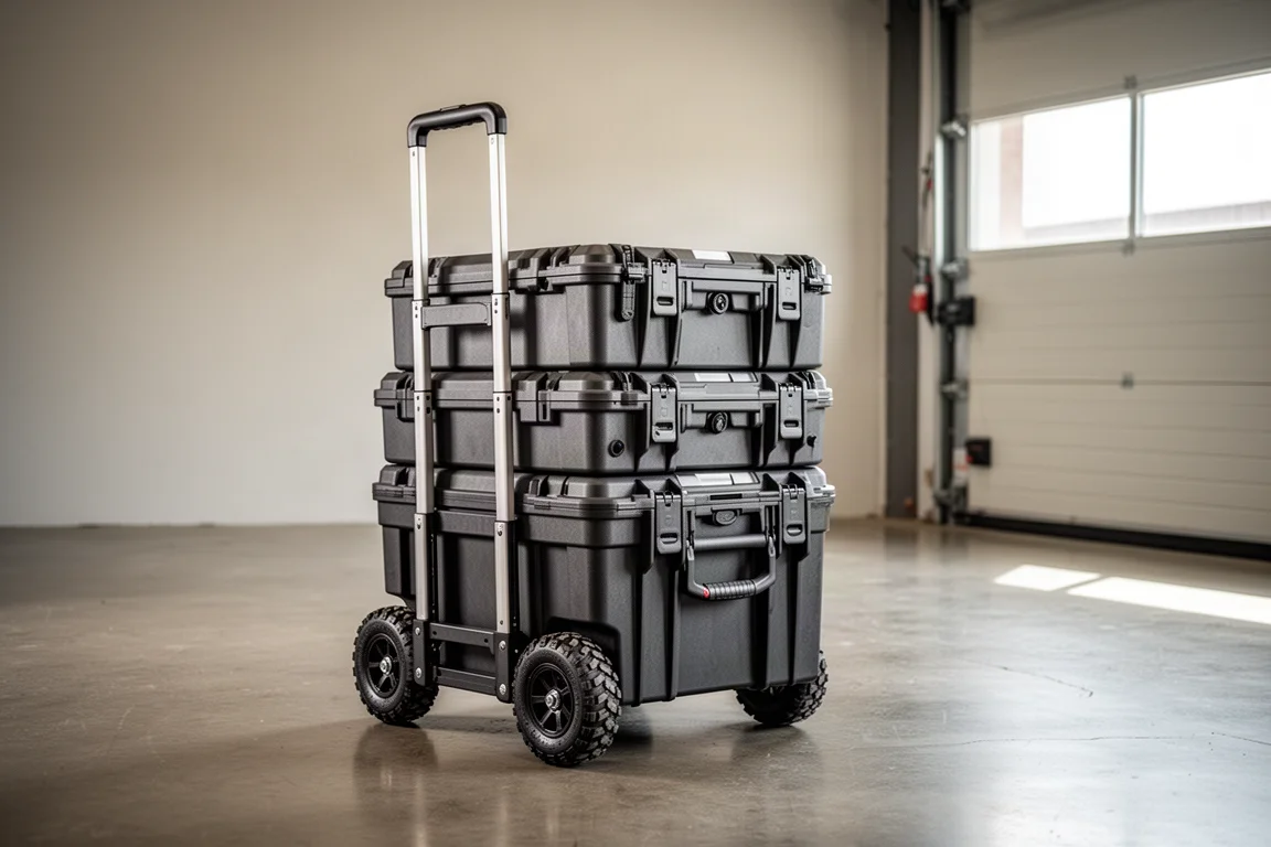 Werkzeugwagen mit gestapelten modularen Aufbewahrungsboxen auf einem Werkstattboden