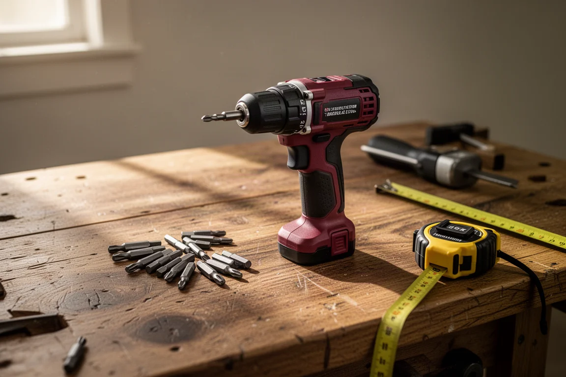 Cordless installation driver resting on a workbench beside fastener bits