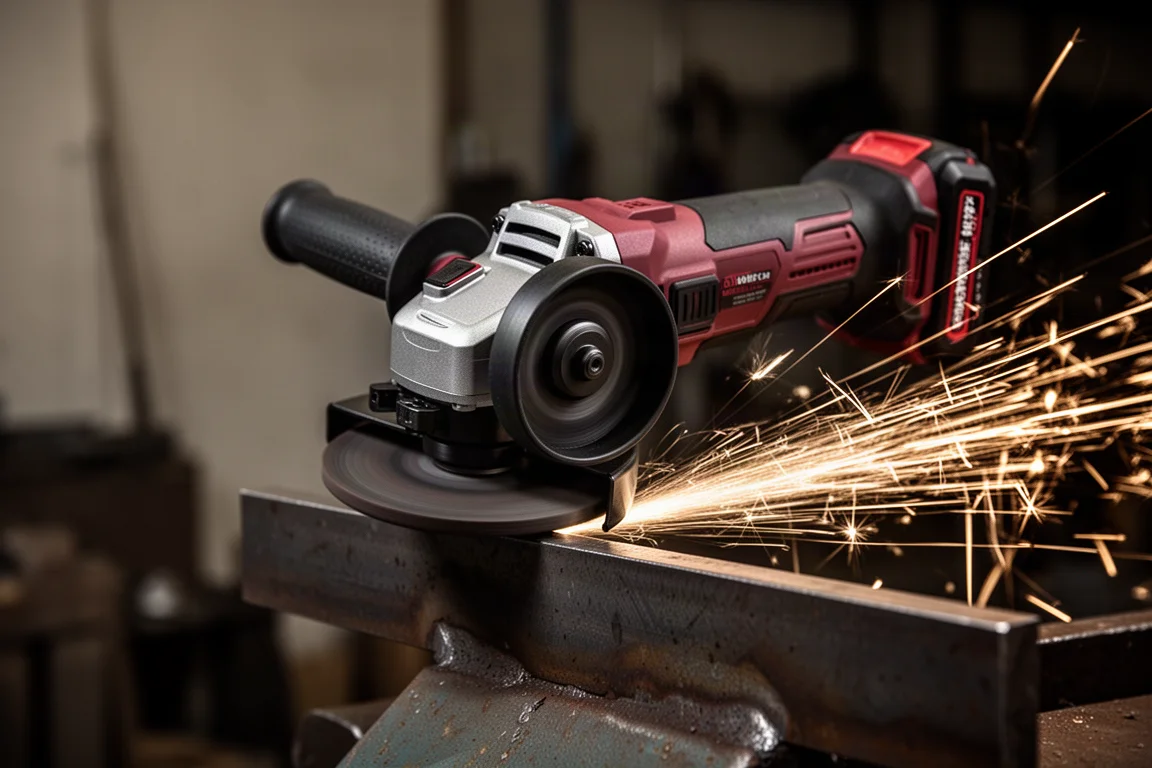 Angle grinder throwing a soft spray of sparks in a dim workshop