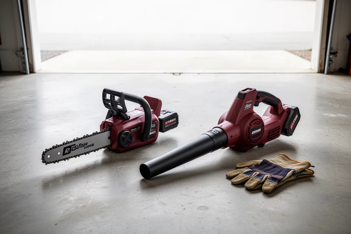 Chainsaw and leaf blower laid out on a garage floor ready for yard work